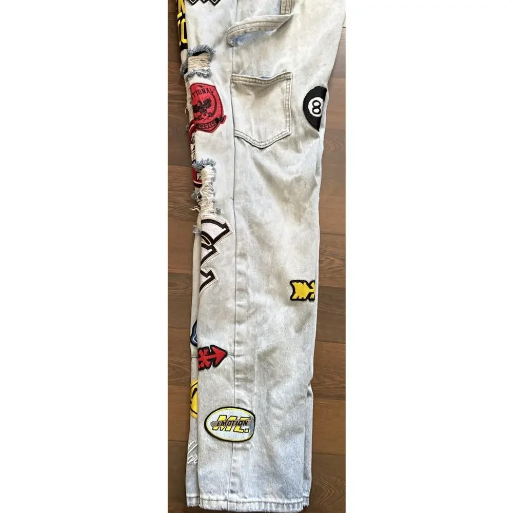 Mixed Emotion “Worker” Jeans Patchwork Graphic Light Wash Streetwear Denim 34/35